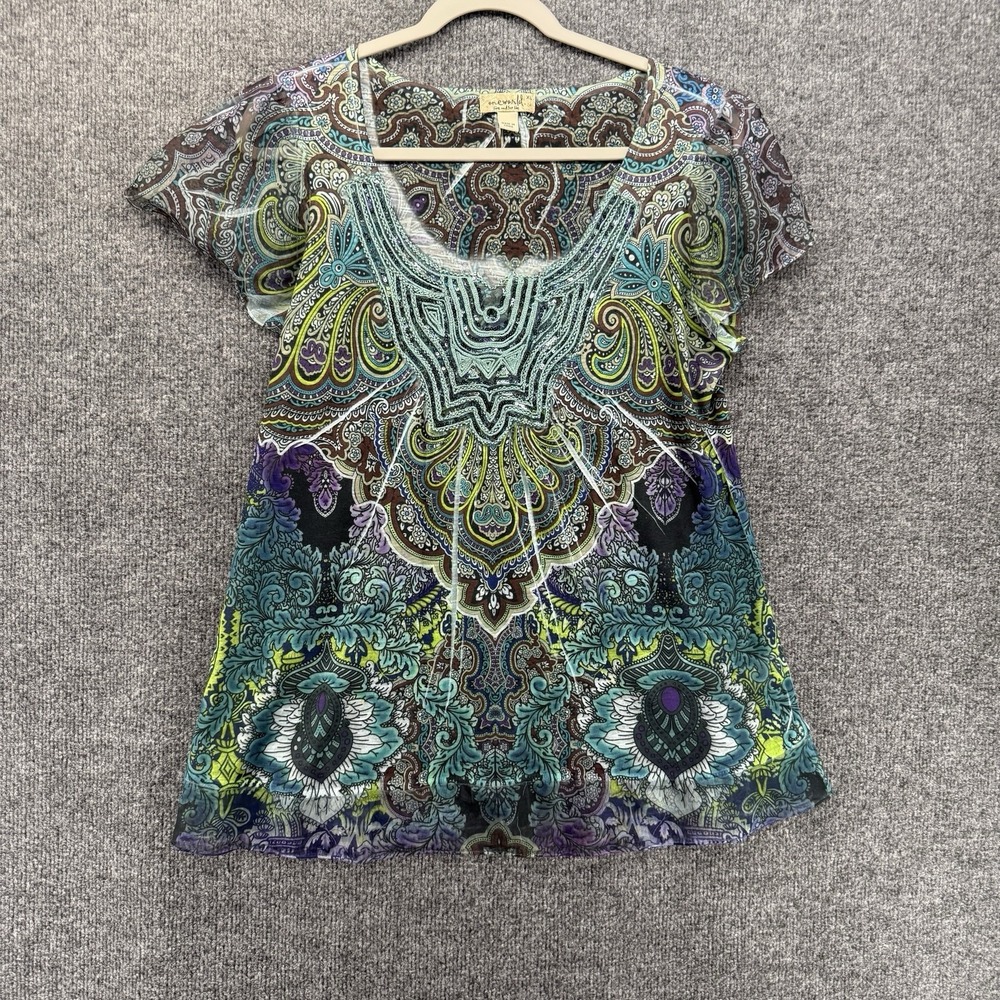 One World Y2K Top Womens XL Green Sequins Scoop Neck Flutter Sleeve Hippie Hobo